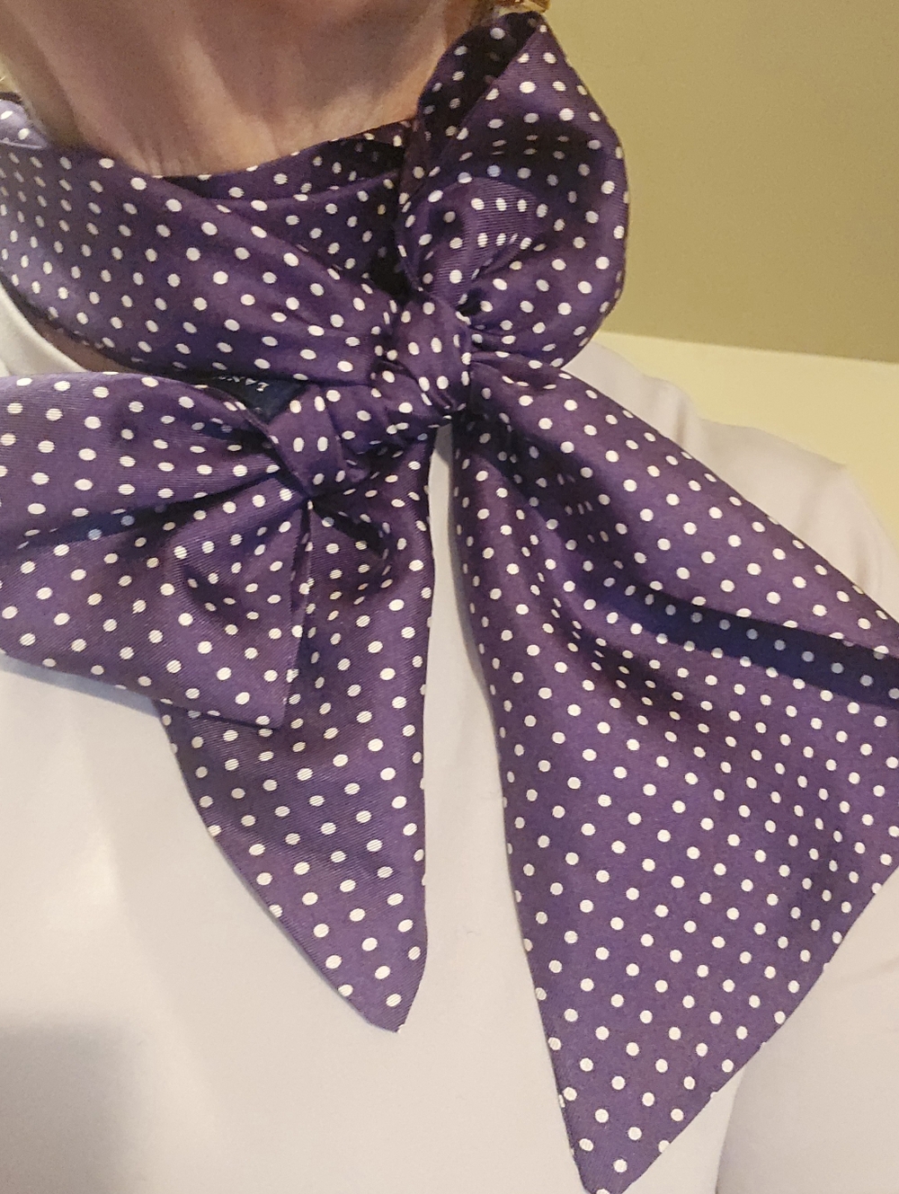 Lands End 100% Silk Oblong Scarf, Purple White Polka Dots